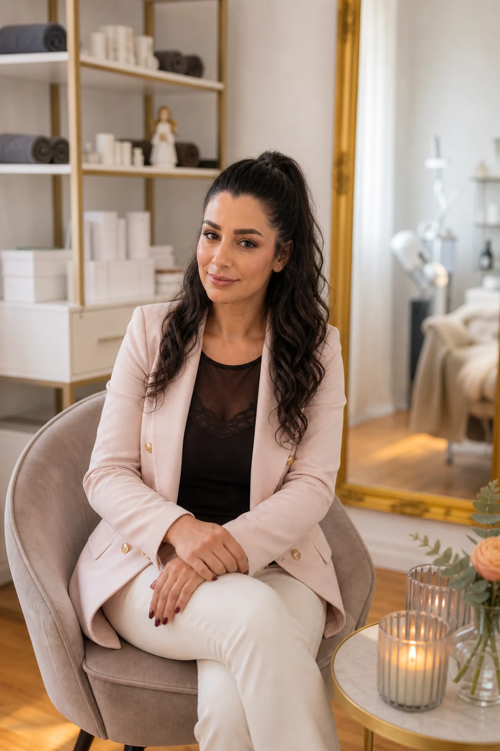 Professionelles Portrait von Somayeh Salamad, staatlich geprüfte Kosmetikerin und Inhaberin des Aesthetic Beauty Day Spa Kerpen