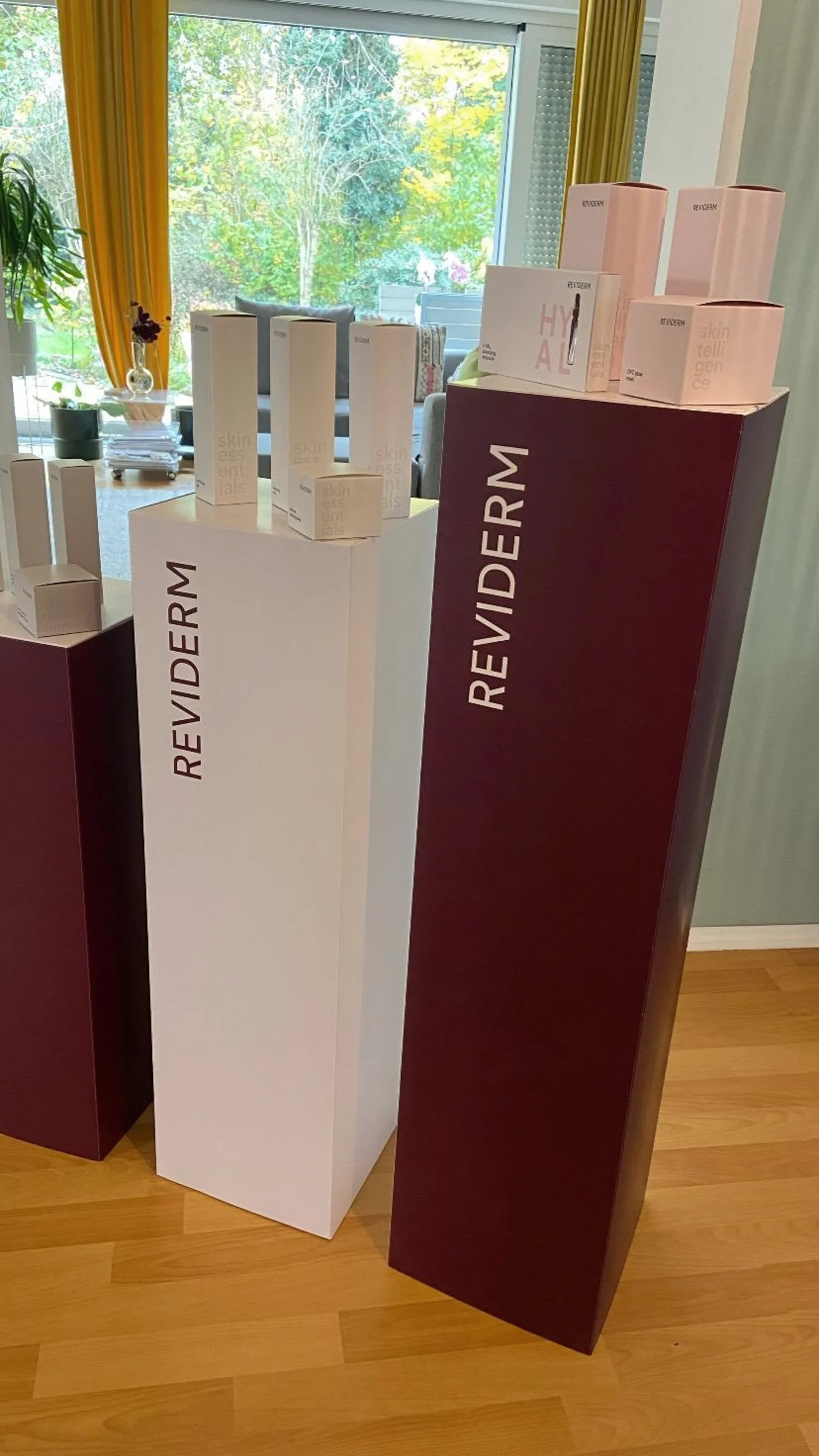 REVIDERM Säulen in Bordeaux und Champagner vor Fensterfront